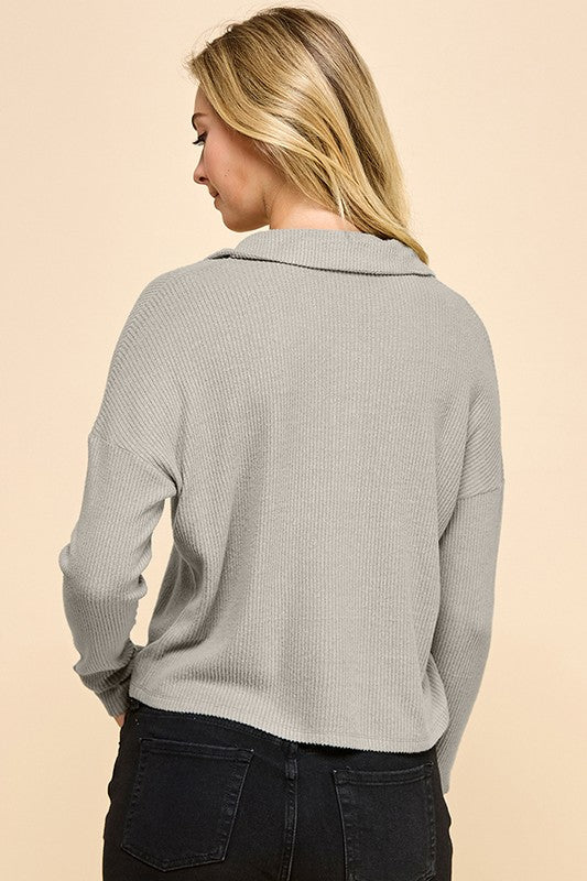 Brushed Rib Collar Long Sleeve Top