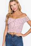 Floral Front Lace-Up Ruched Short Sleeve Top