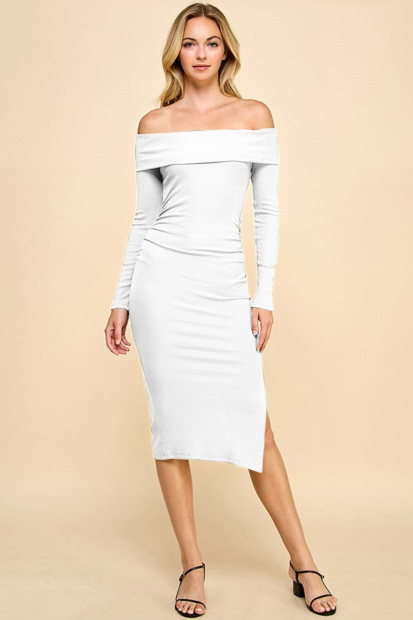 Ruched Off Shoulder Midi Dress with Slit