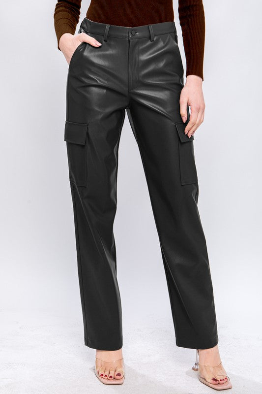 Faux Leather Cargo Wide Pant
