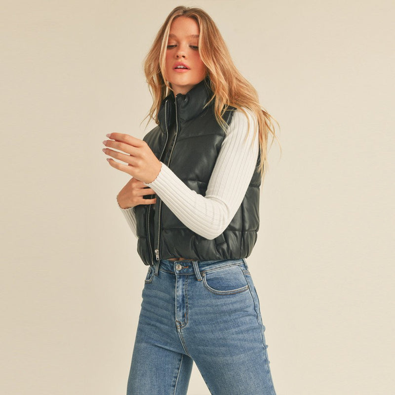 Faux Leather Zip-Up Puffer Vest