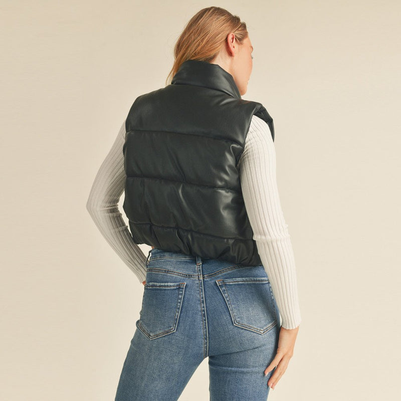 Faux Leather Zip-Up Puffer Vest