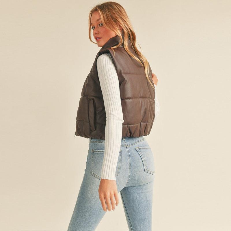 Faux Leather Zip-Up Puffer Vest