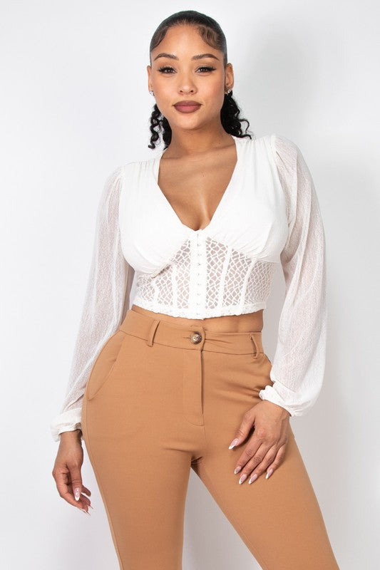 Plunging Mesh Corset Long Sleeve Top