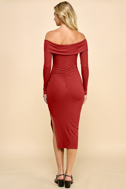 Ruched Off Shoulder Midi Dress with Slit