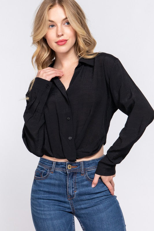 Knot Front Long Sleeve Collared Blouse