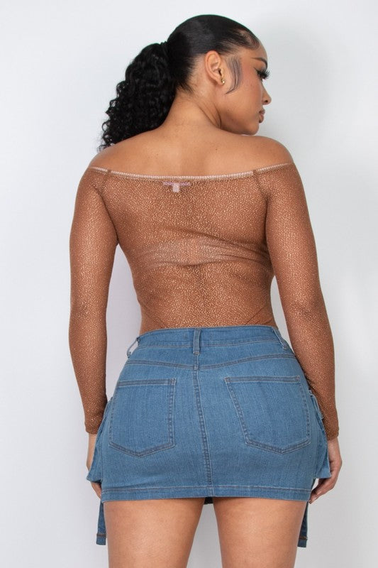 Sheer Mesh Off Shoulder Foil Bodysuit