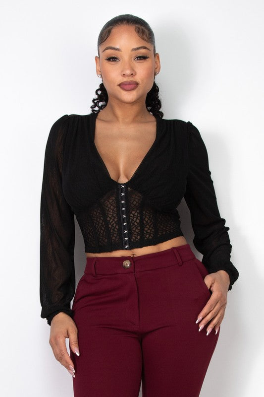 Plunging Mesh Corset Long Sleeve Top