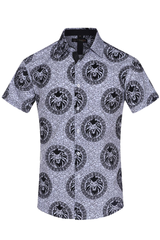 Flocked Lion Medallion Dots S/S Button Up
