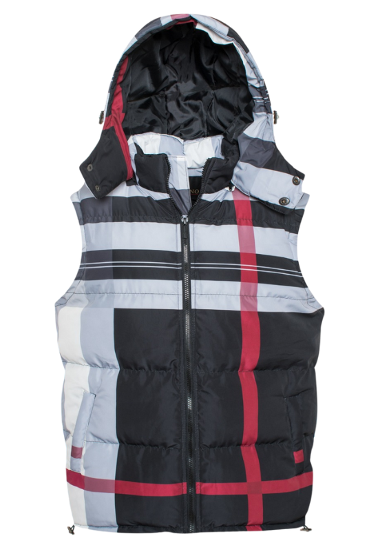 Plaid Puffer Vest with Removable Hood