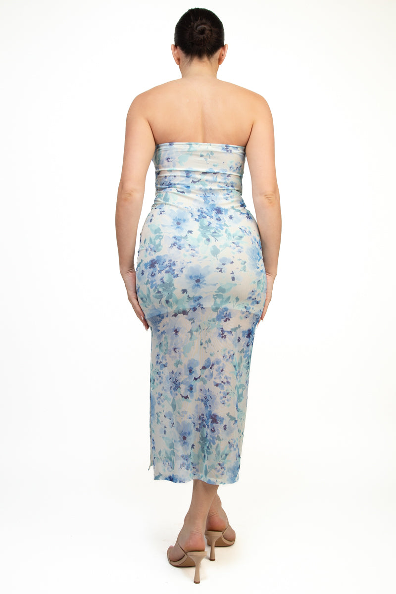 Tube Floral Mesh Midi Dress