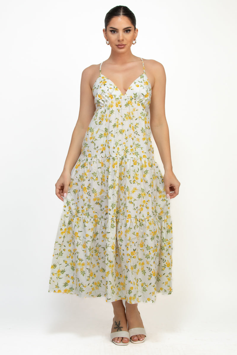 Floral A-Line Hem Plunging Maxi