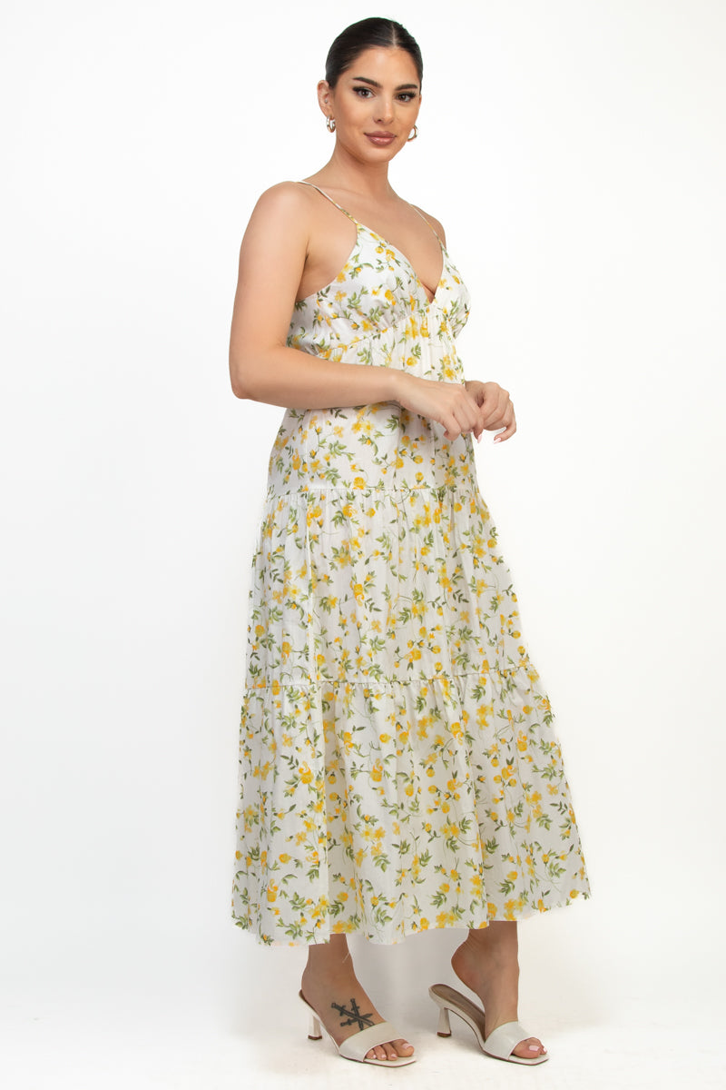 Floral A-Line Hem Plunging Maxi