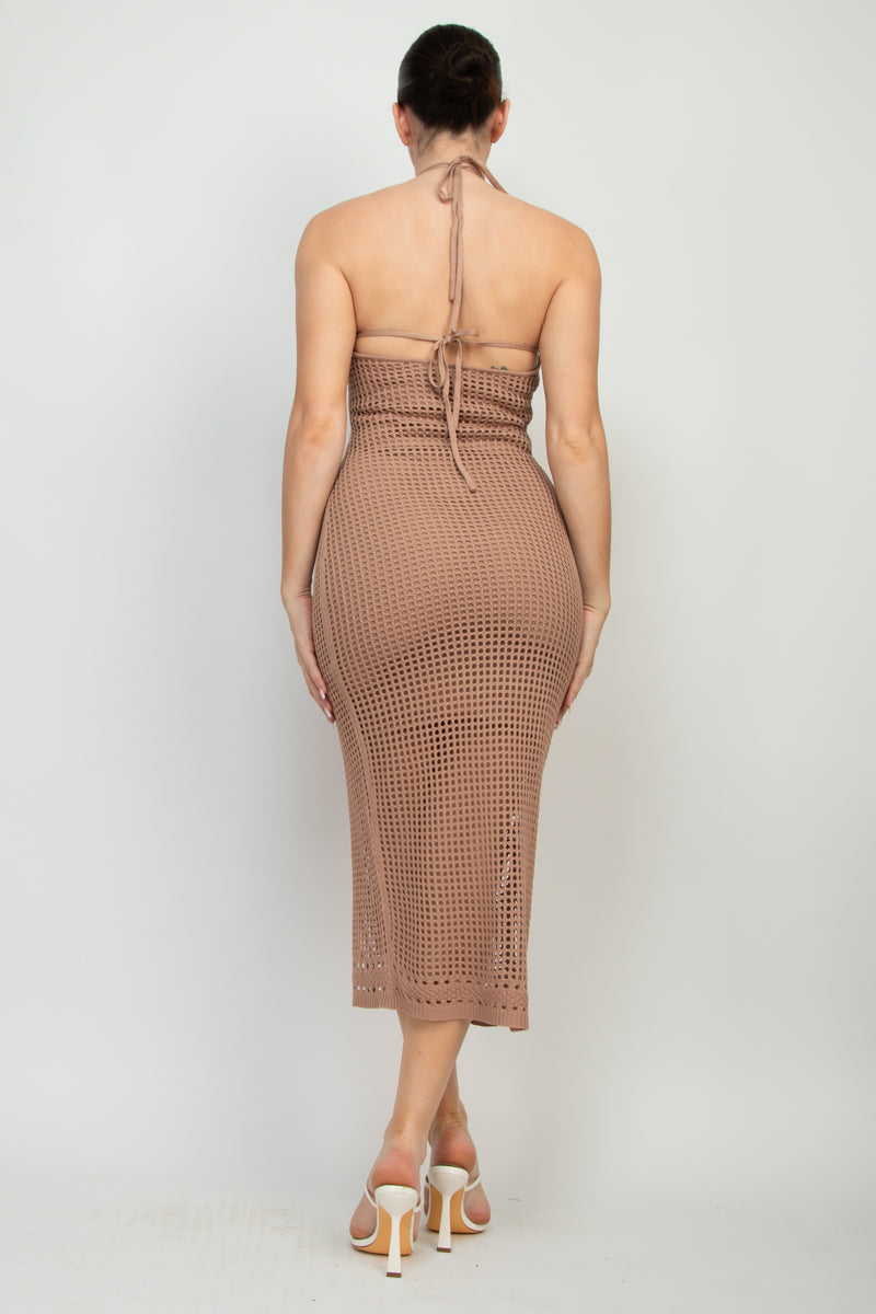 Open Knit Halter Maxi Dress
