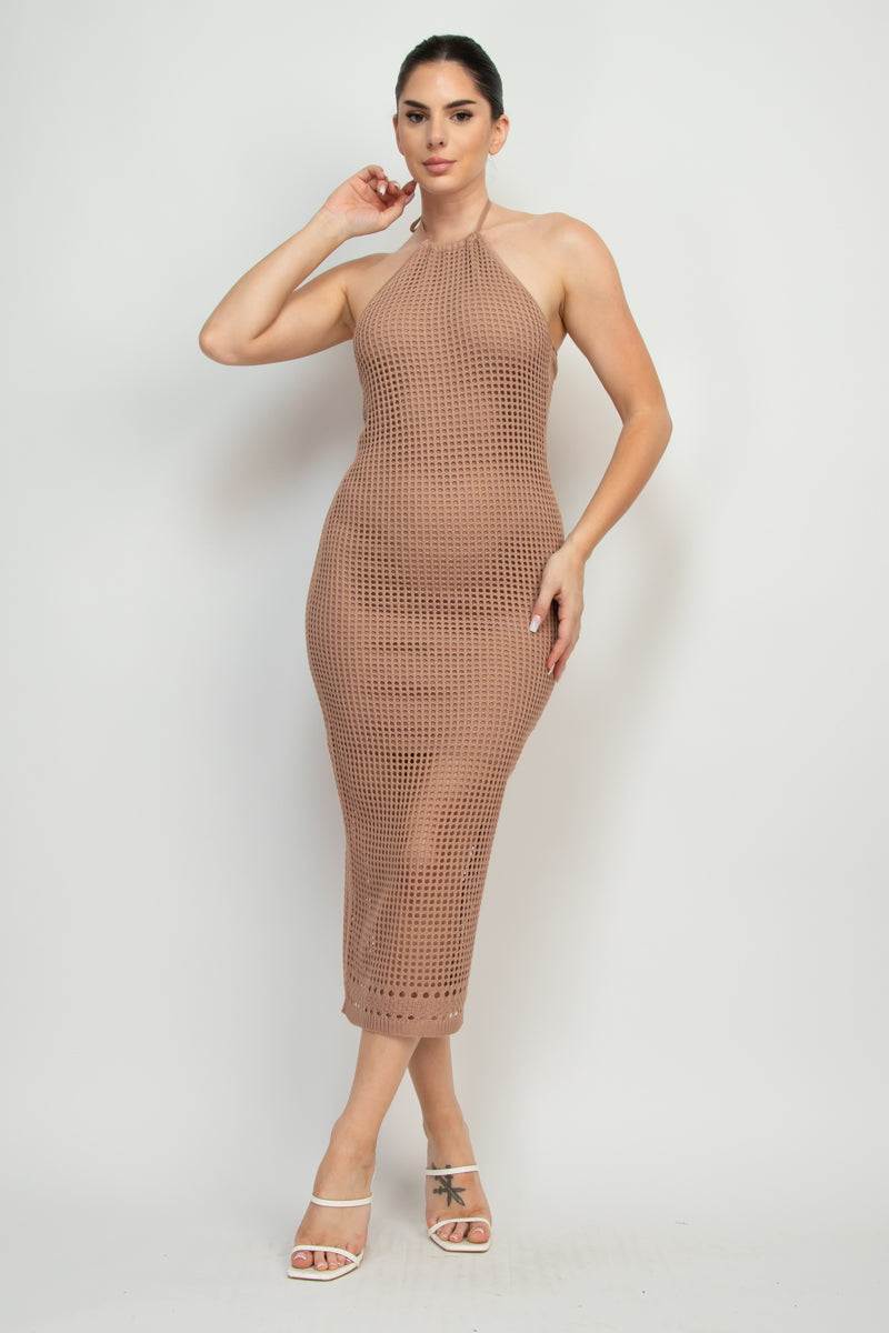 Open Knit Halter Maxi Dress