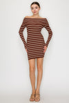 Off Shoulder Striped Ribbed Long Sleeve Mini Dress