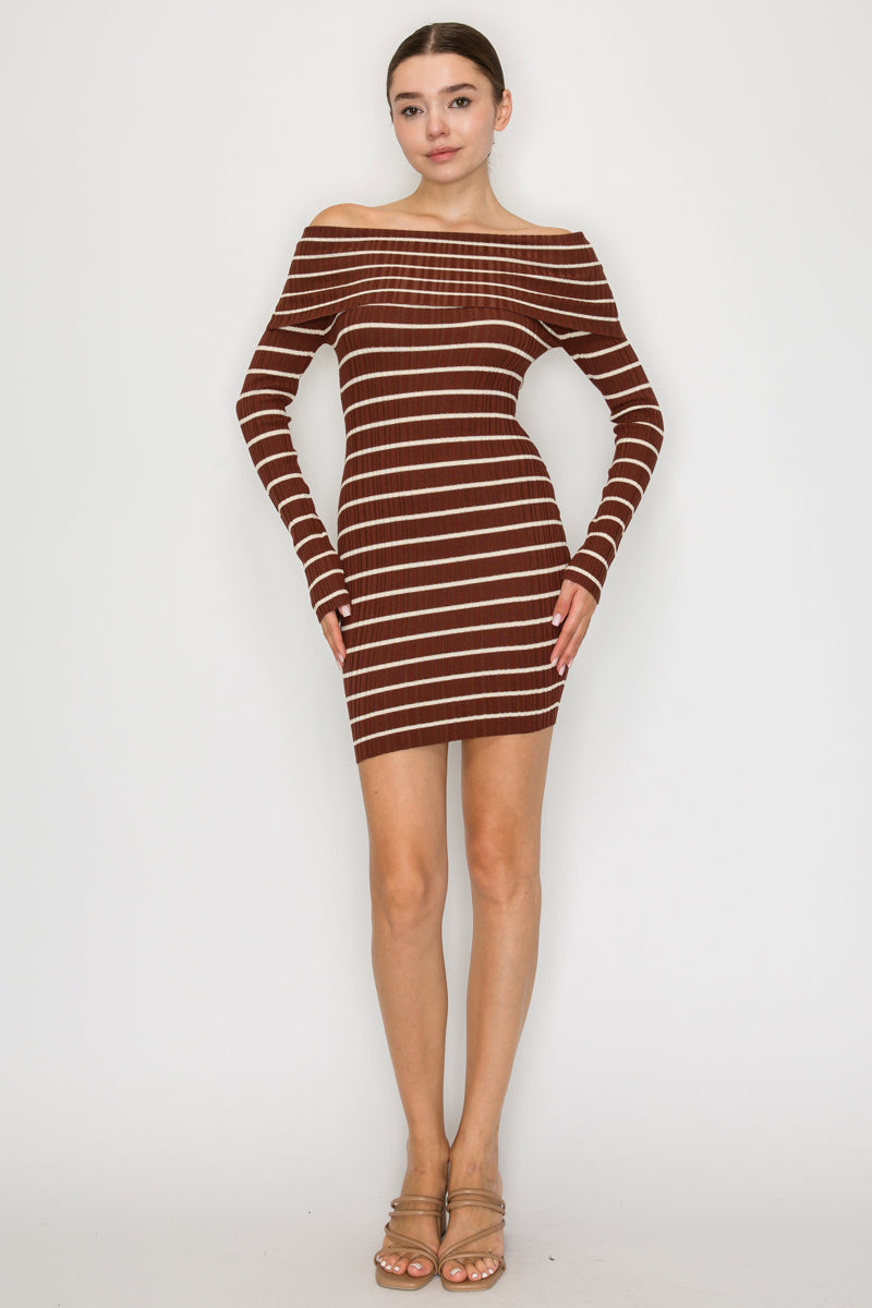 Off Shoulder Striped Ribbed Long Sleeve Mini Dress