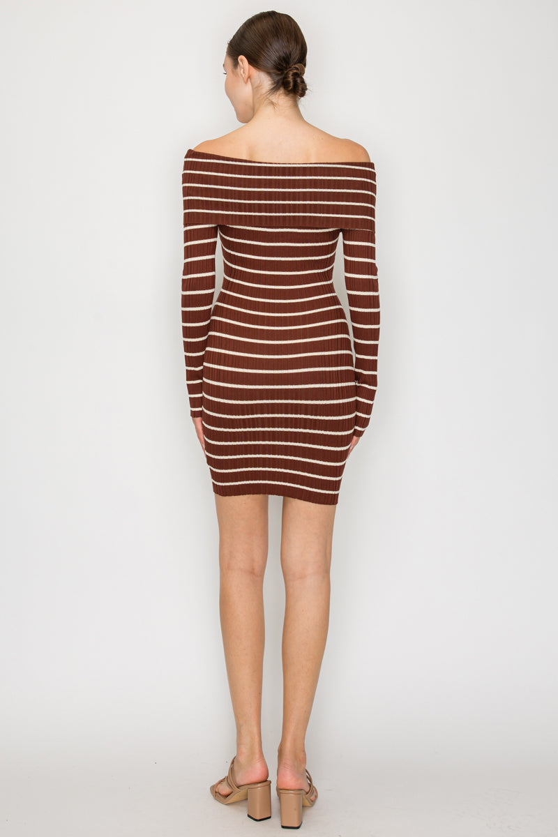 Off Shoulder Striped Ribbed Long Sleeve Mini Dress