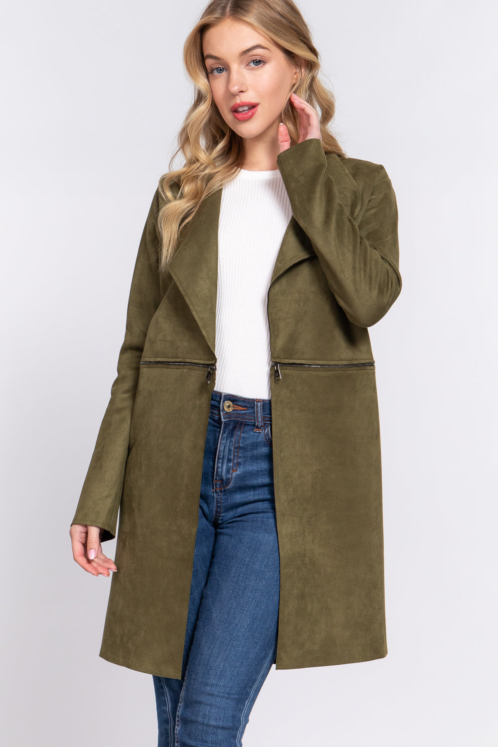 Faux Suede Long Jacket with Zipper Detail