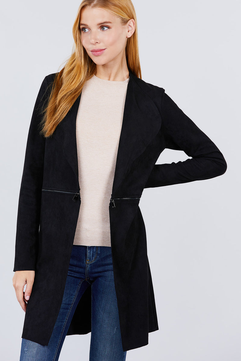 Faux Suede Long Jacket with Zipper Detail