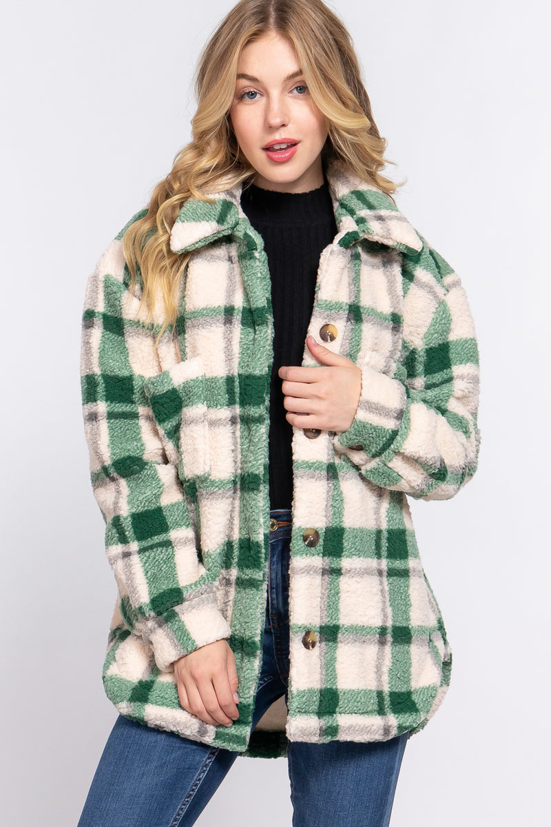 Long Oversize Faux Fur Plaid Jacket