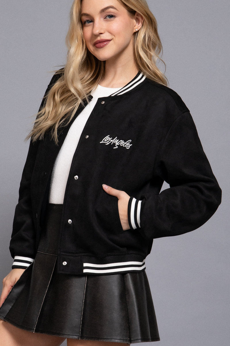 Los Angeles Embroidered Suede Varsity Jacket