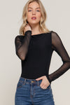 Mesh Contrast Long Sleeve Boatneck Bodysuit