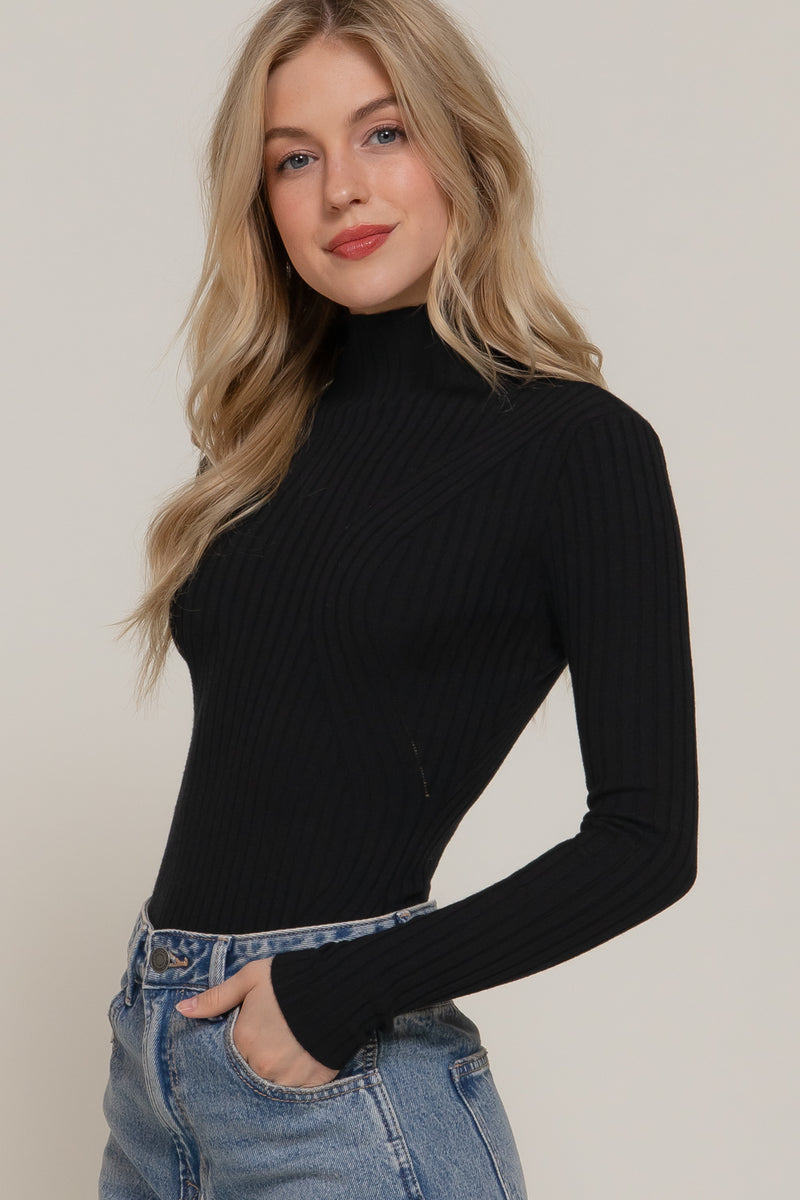 Long Sleeve Design Knit T-Neck Bodysuit