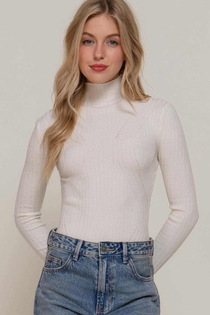Long Sleeve Design Knit T-Neck Bodysuit