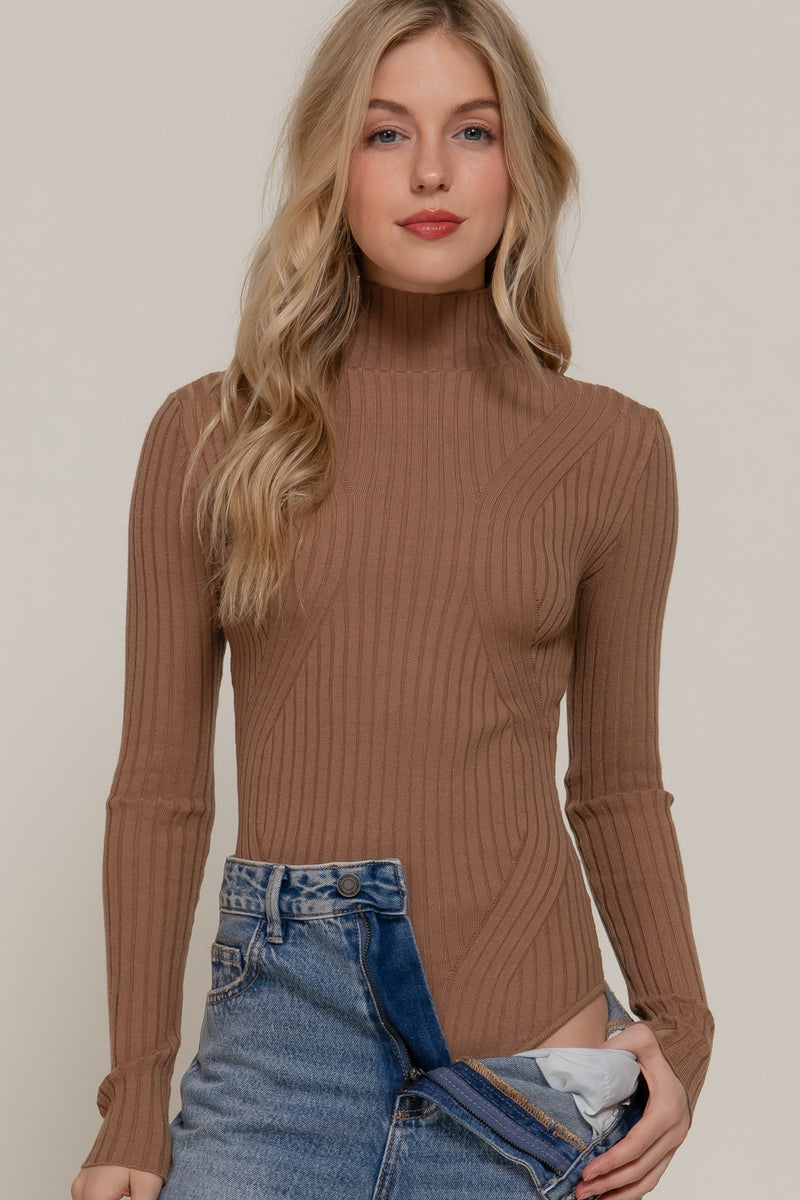 Long Sleeve Design Knit T-Neck Bodysuit