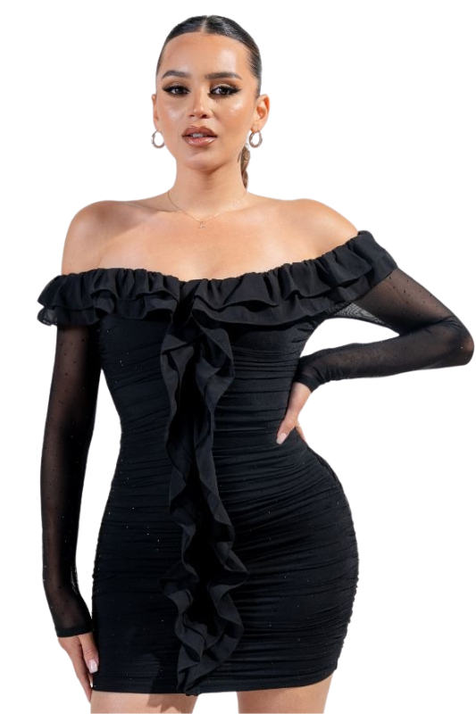 off shoulder ruffle mesh dress Ruffle Off Shoulder Crystal Mesh Long Sleeve Dress Black / Medium