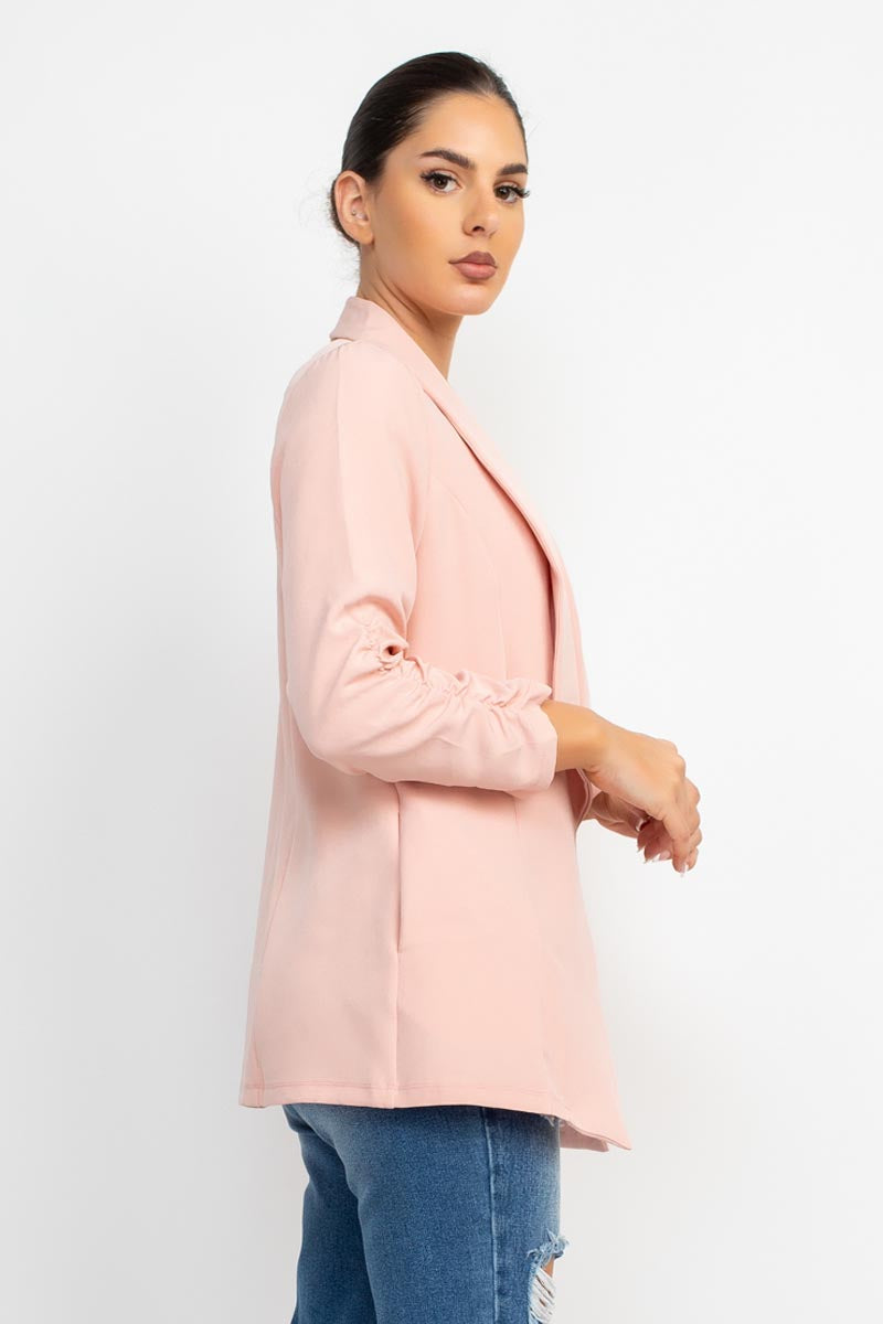 Collar Open Shirred Sleeve Blazer