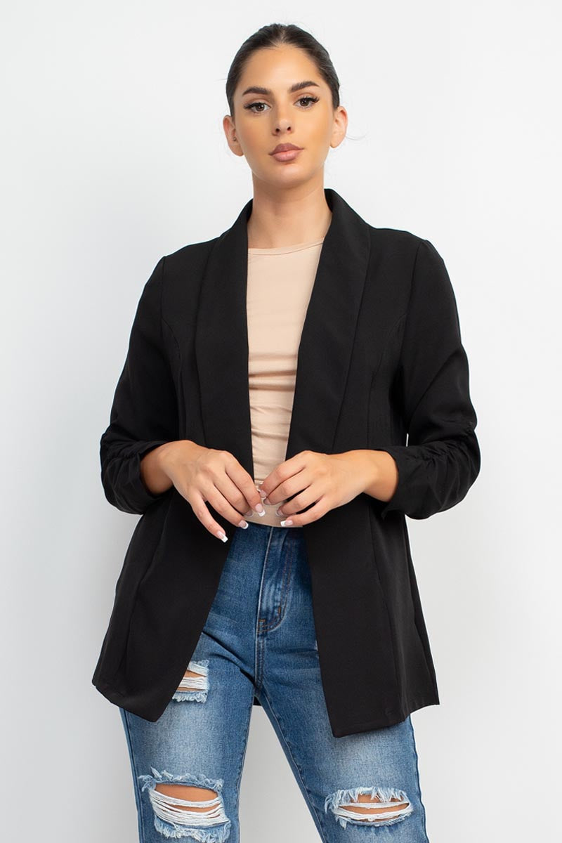 Collar Open Shirred Sleeve Blazer