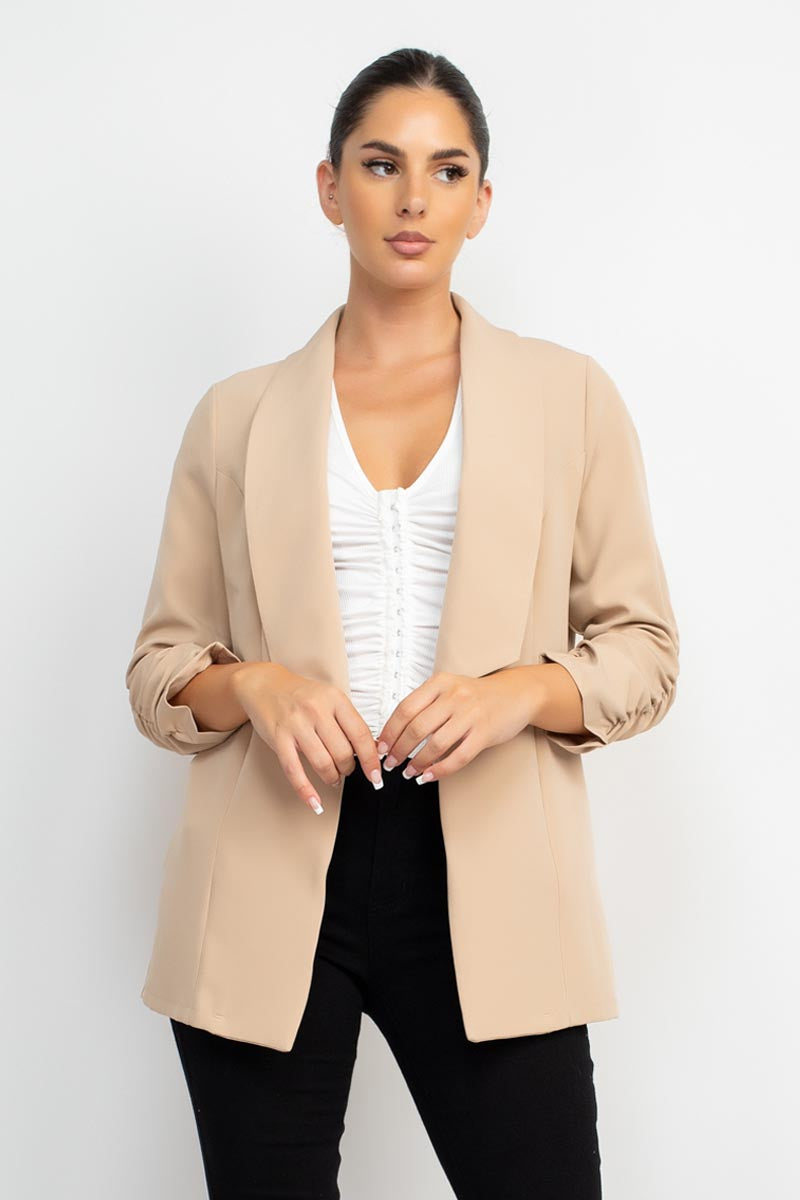 Collar Open Shirred Sleeve Blazer