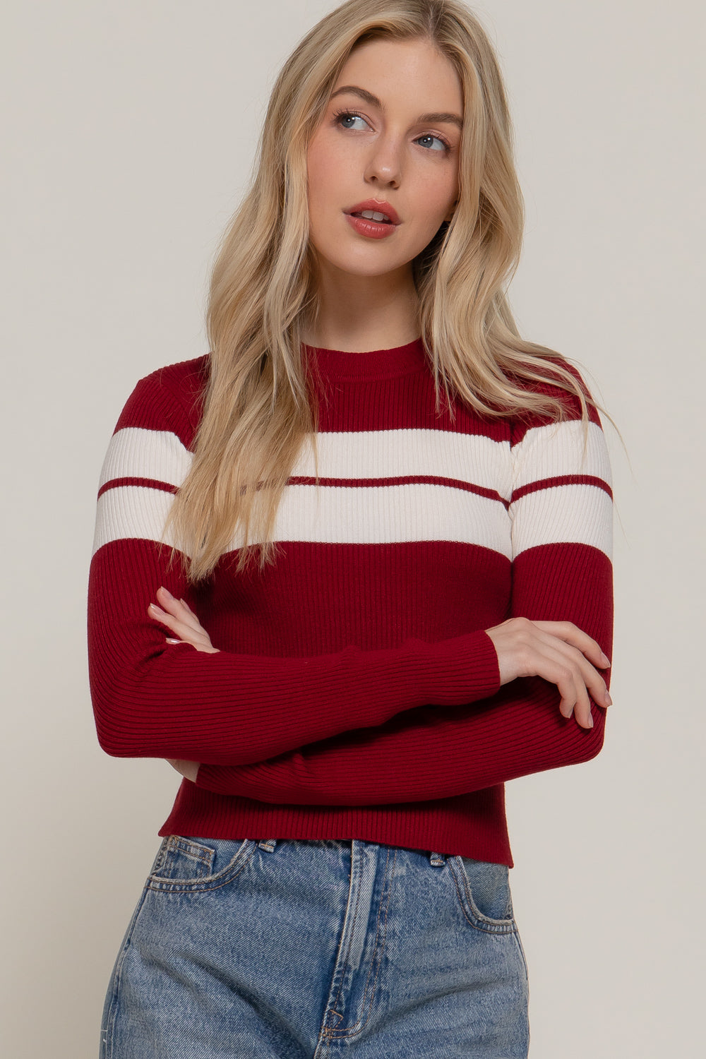 Striped Crew Neck L/S Rib Sweater