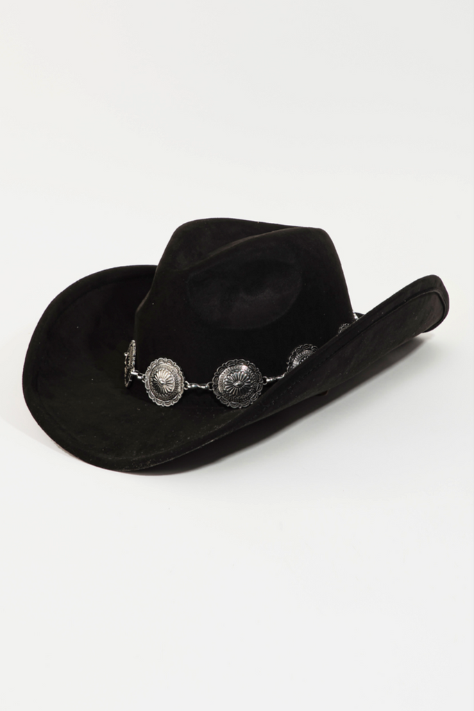 Silver Circle Concho Chain Cowboy Hat Black