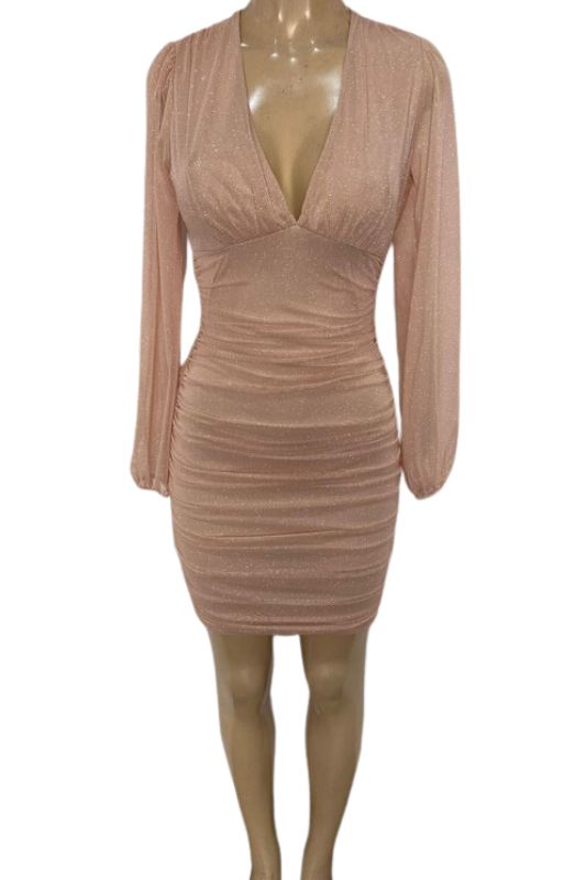 Glitter Mesh Long Sleeve Ruched Bodycon Dress