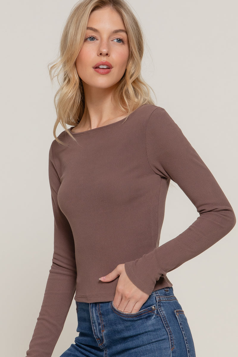 Boat Neck Long Sleeve Brushed Rib Knit Top