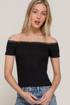Off Shoulder Lace Trim Rib Top