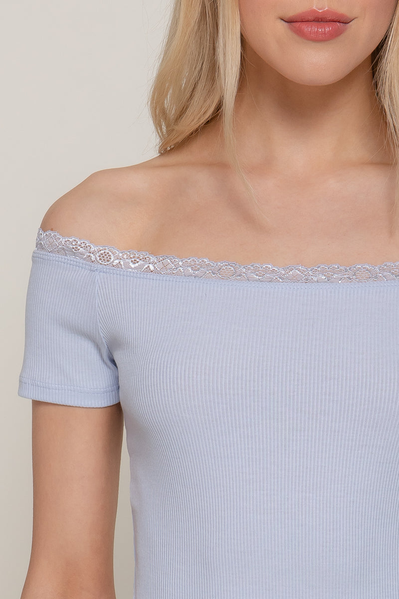 Off Shoulder Lace Trim Rib Top