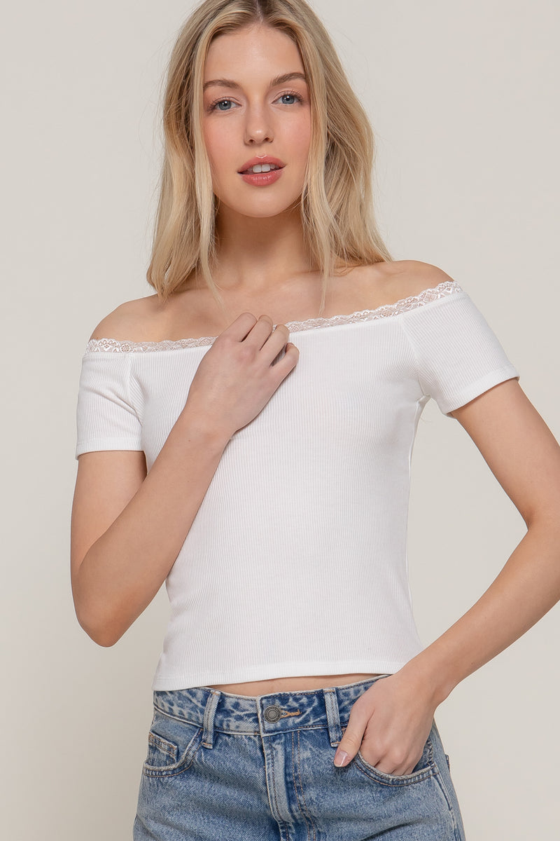 Off Shoulder Lace Trim Rib Top