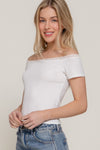 Off Shoulder Lace Trim Rib Top