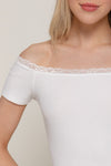 Off Shoulder Lace Trim Rib Top
