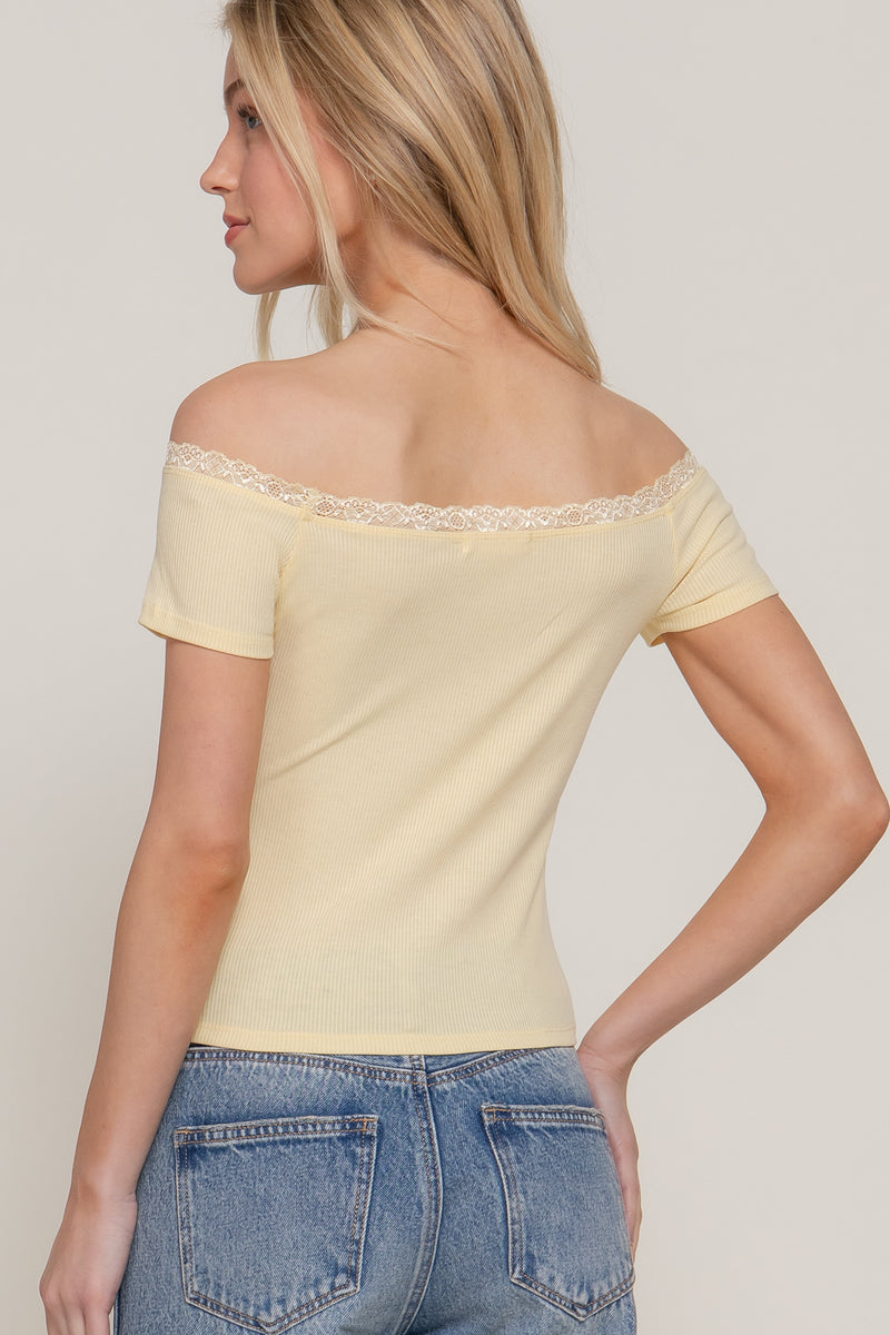 Off Shoulder Lace Trim Rib Top