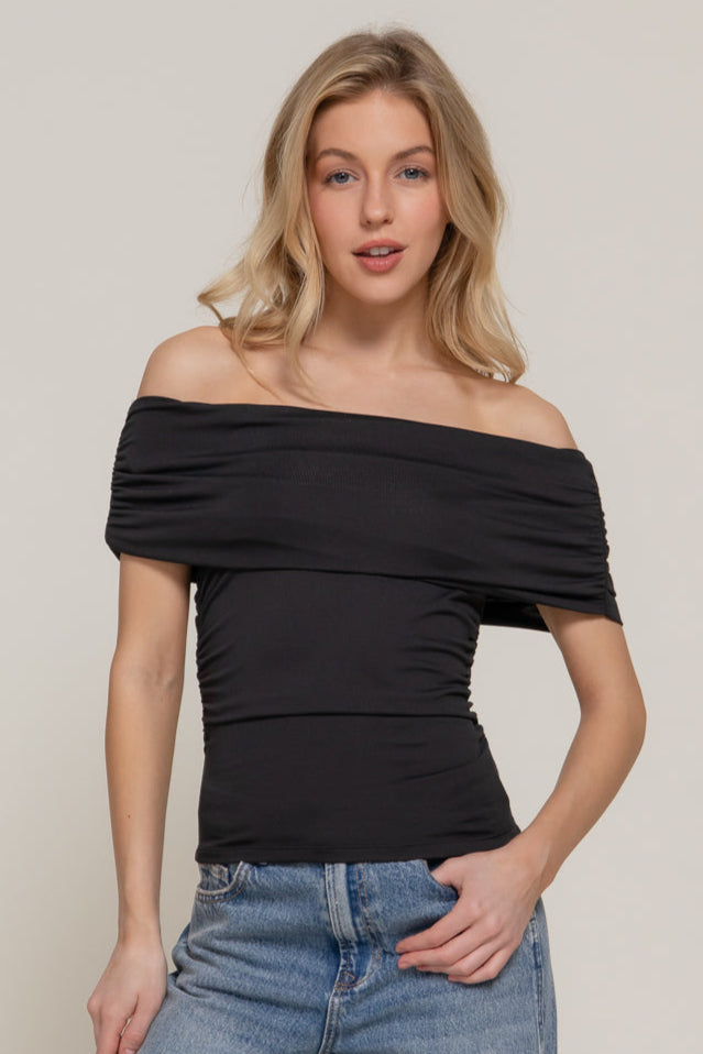 Off Shoulder Short Sleeve Ruched Knit Top