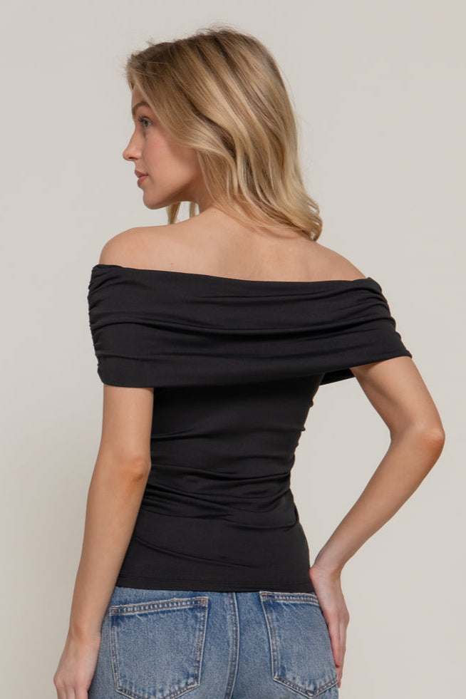 Off Shoulder Short Sleeve Ruched Knit Top