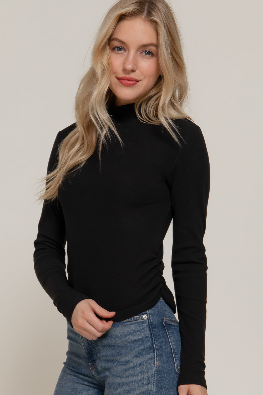 Ruched Side Long Sleeve Low Turtleneck Rib Top
