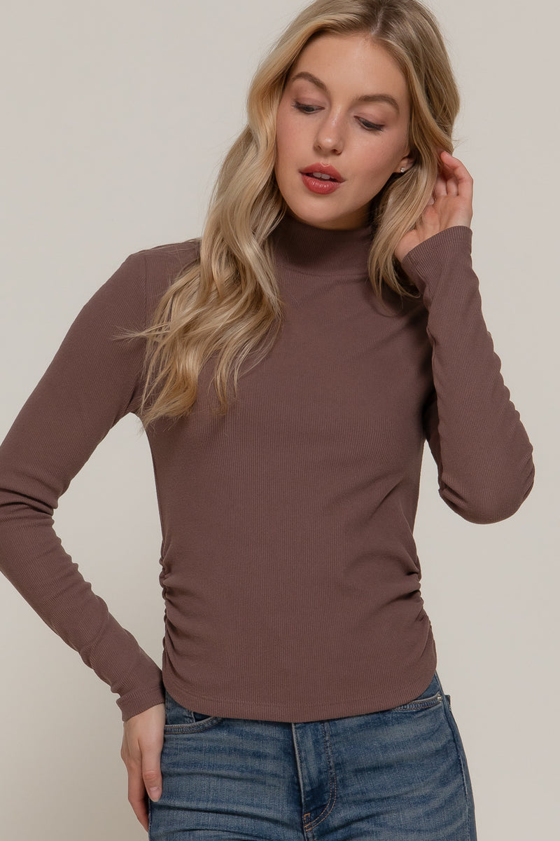Ruched Side Long Sleeve Low Turtleneck Rib Top
