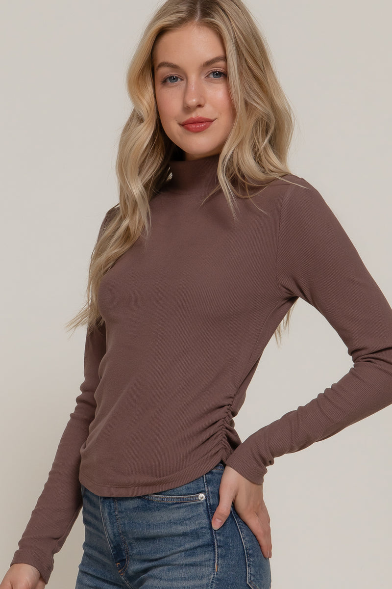 Ruched Side Long Sleeve Low Turtleneck Rib Top