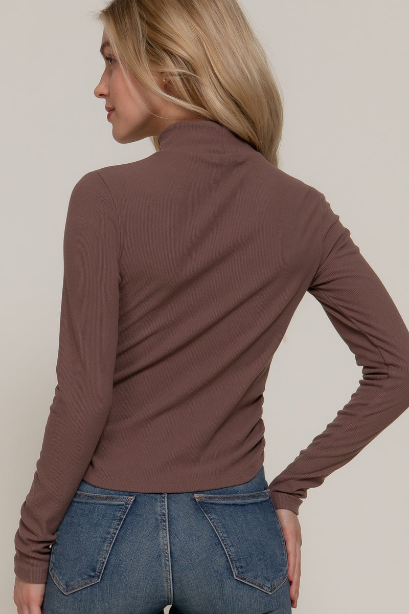 Ruched Side Long Sleeve Low Turtleneck Rib Top